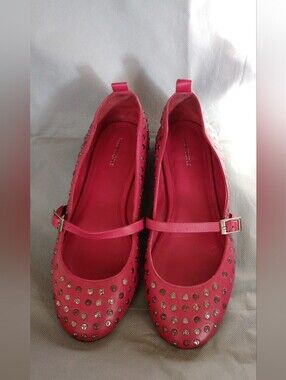 Free People Twiggy Red Leather Studded Mary Jane Ballet Flats Sz 11
